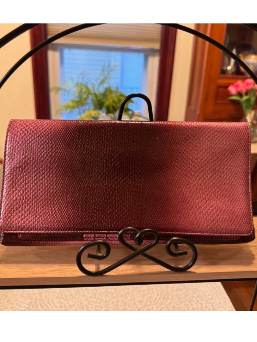 NWOT Nordstrom Burgundy Ombre Snake Embossed Leather Flap Wallet Clutch Hybrid